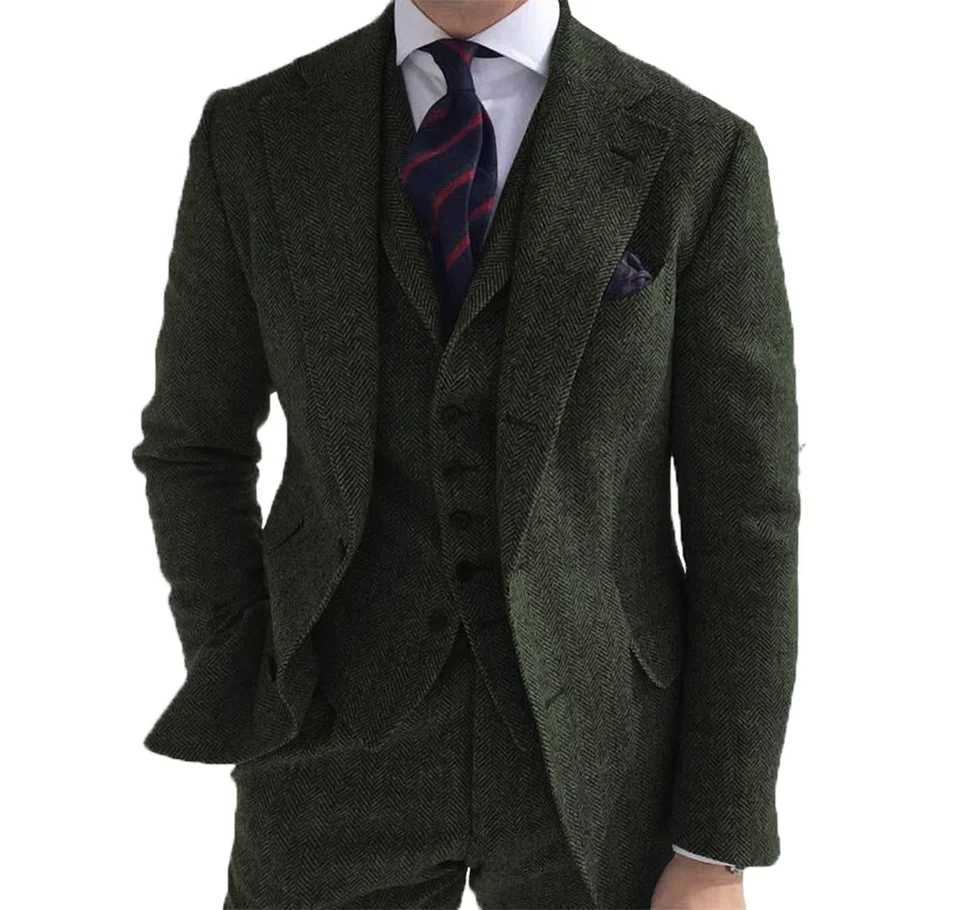 High Quality Mens Suit Set Fashion Wool Tweed Herringbone 3 Pieces Jacket Pants Vest Slim Fit Formal Wedding Grooms Coats New W250910