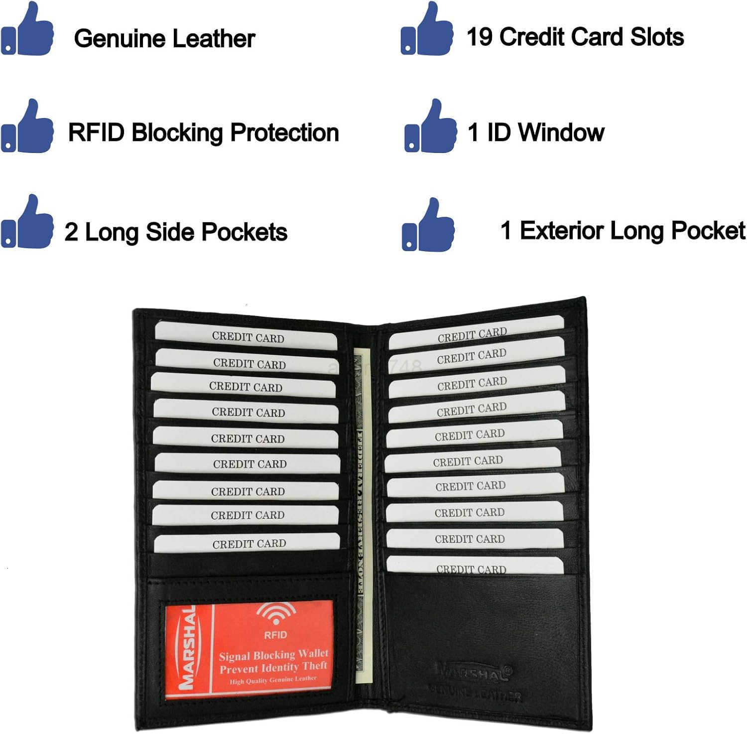 Bifold Leather RFID Blocking Wallet For Men Women Genuine Leather Holder With 19 Slots 2 Bill Compartments ID Window For CreditDebit Cards Money More 