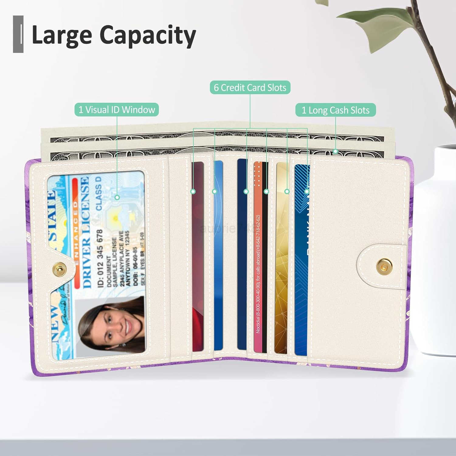 Womens Wallet Small Slim RFID CARD Holder Wallet for Women Leather Compact Bifold Purse with Zipper Coin Pocket Cute Ladies Purse with ID Window PurpZ