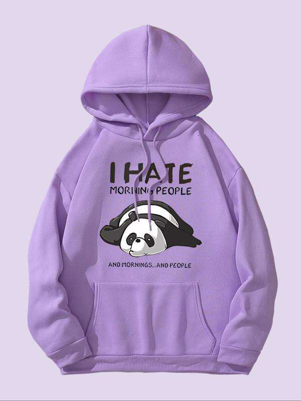 Women's Cartoon Panda Letter Print Drop Shoulder Hoodie, Fashion Casual Drawstring Pocket Hooded Sweatshirt Daily Holiday Outdoor Wear, Women Clo