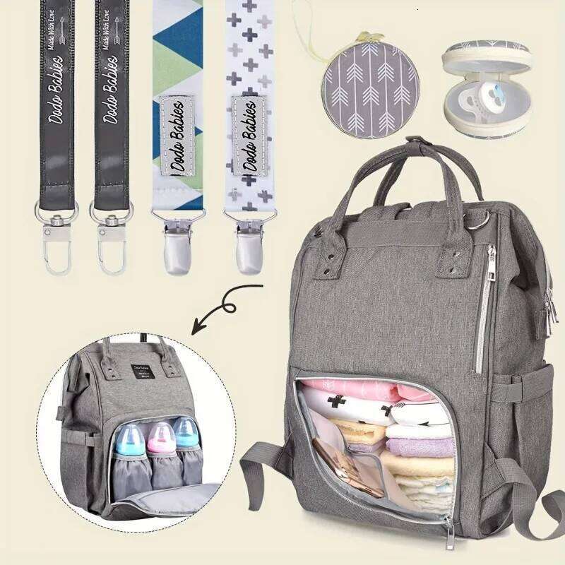 Waterproof Large Mummy Bag Portable Travel Diaper Backpack Gray Polyester Multiple Compartments for Essentials Changing Station
