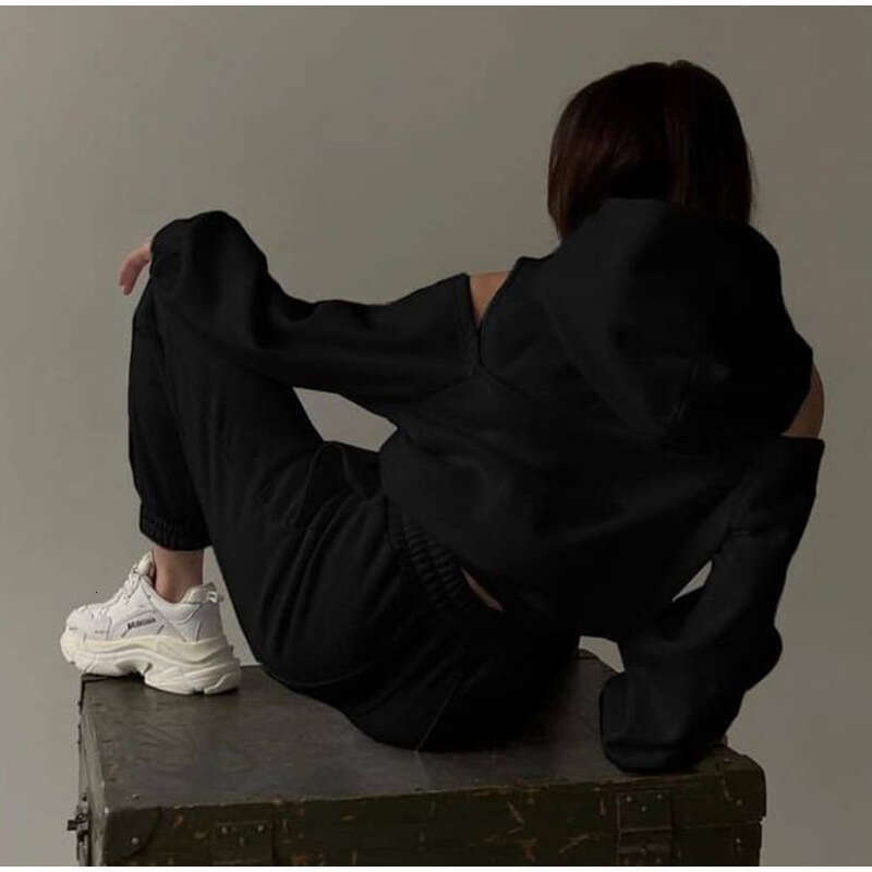 Women's European and American Two-Piece Solid Color Hooded Short Sweatshirt Leg Binding Pants Set 2025 Versatile Temperament New Trend Clothing I
