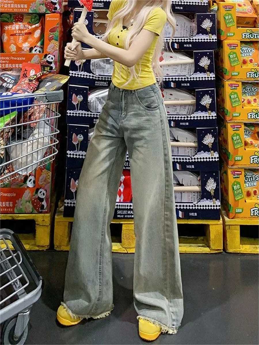 Botvotee Womens Vintage Washed Wide Leg Jeans High Waist Distressed Denim Pants Raw Hem Straight Loose Fit Long Trousers Z250910
