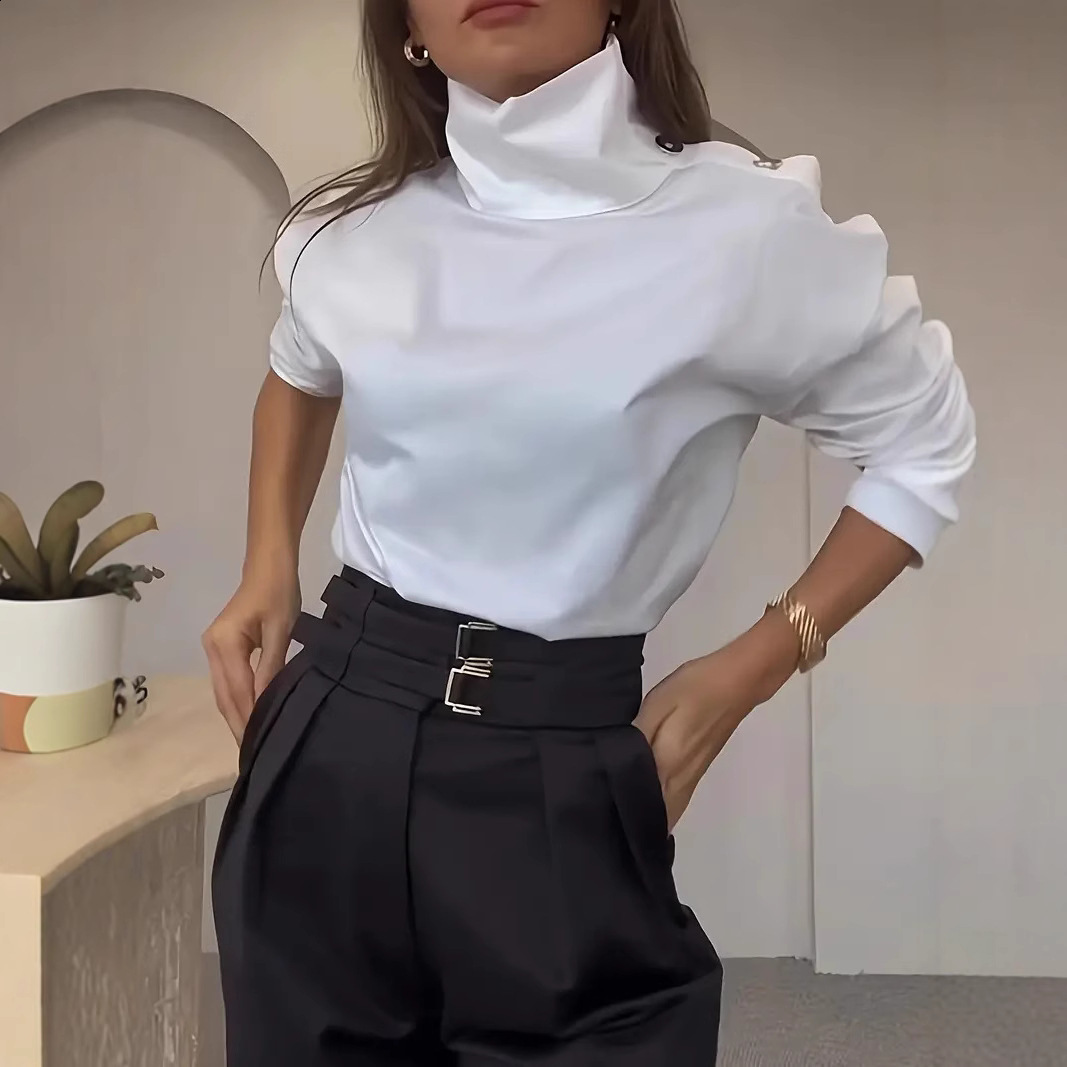 High Neck Off Shoulder Womens Top Multiple Wearing Styles Gold Button 210323
