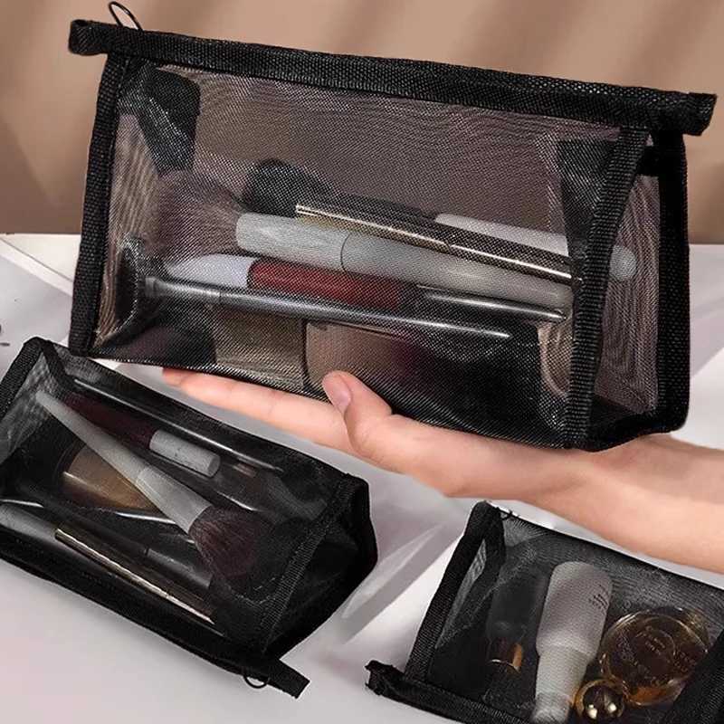 Black Mesh Cosmetic Bag Travel Storage Makeup Bag Organizer Female Make Up Pouch Portable Small Large Toiletry Beauty CaseXJ250910
