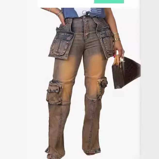 Vintage Washed Distressed Women Jeans Ankle Length Spliced Cargo Pants Denim Pockets High Waist Streetwear Loose Fit 2024 Z250910