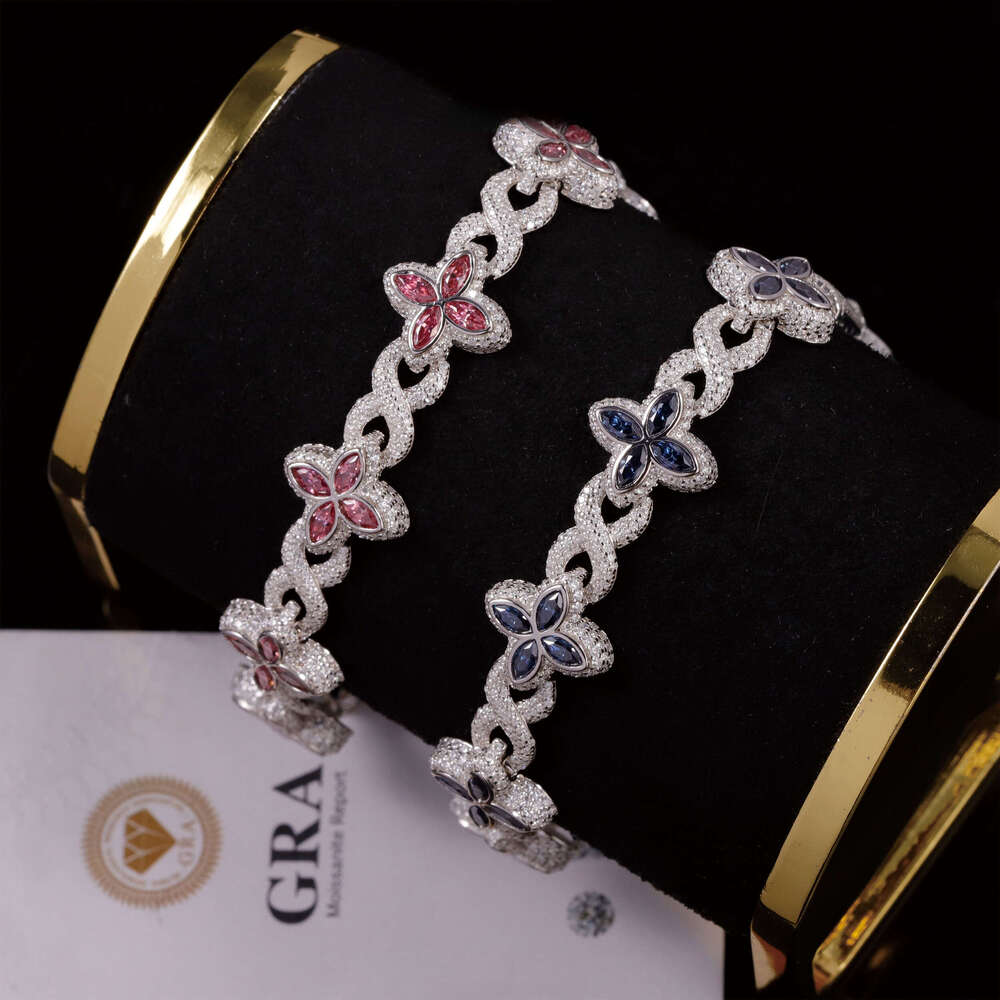 Charm Colorful Marquise Eye Moissanite Four Leaf Clover Sier Cuban Chain Mens Women Jewelry Bracelet Bangles