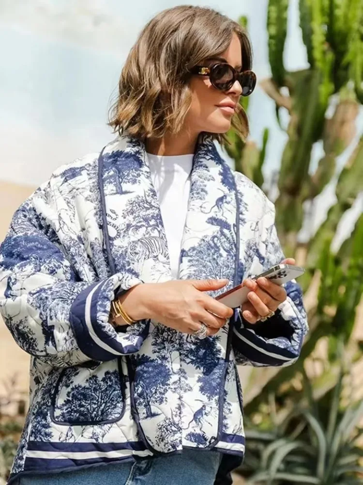 Women's Retro Print Contrast Jacket Coat Lapel Long Sleeve Double Pocket Casual Cardigan Fall Winter Female Chic Overcoat