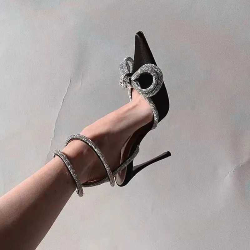 New Fashion Glitter Rhinestones Women Pumps Crystal Bowknot Silk Pointed Toe Buckle Strap Thin High Heels Party Prom Shoes W250910