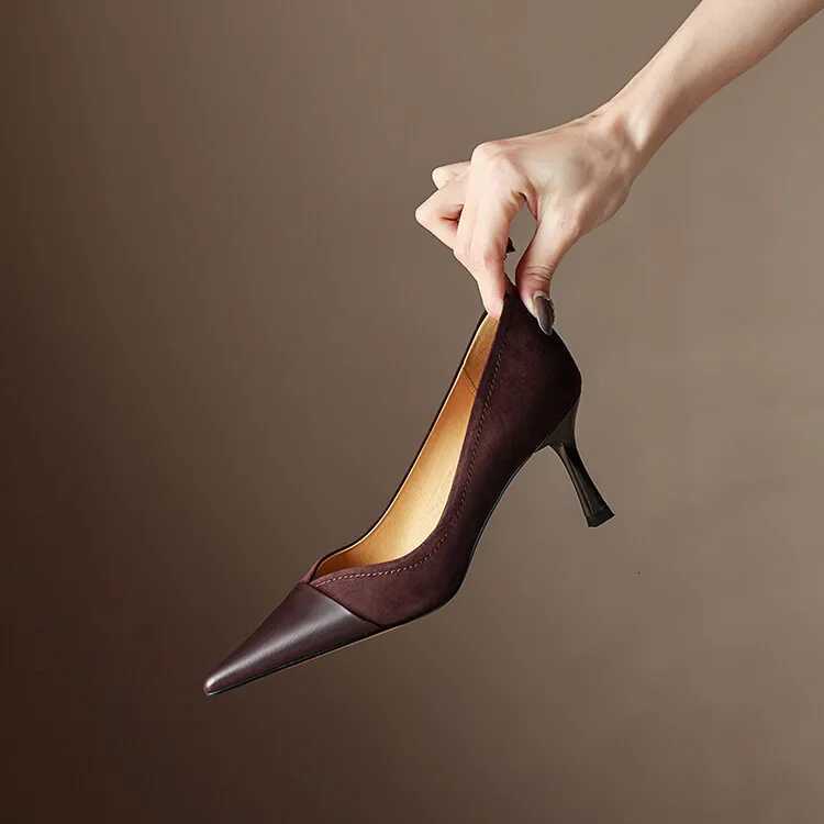 2023 New Stitching High Heels Womens Single Shoes Pointed Thin Temperament Hollowed Out Apricot Matching Shallow Mouth W250910