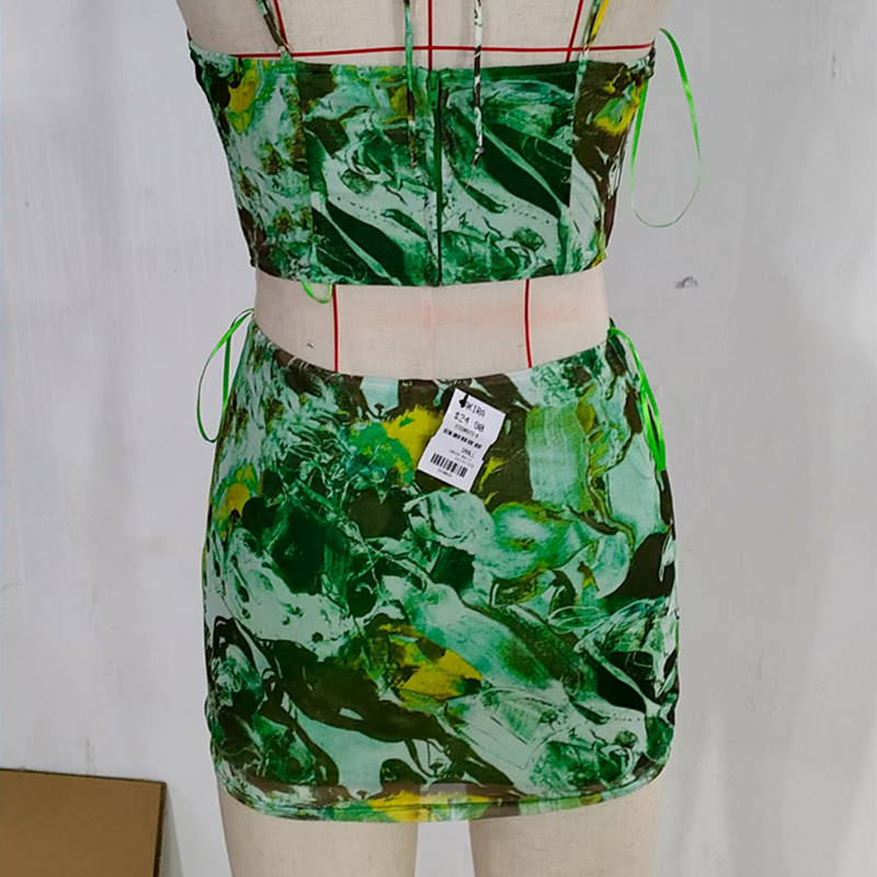 Skirts Women's Green Abstract Print Two - Piece Set: Halter Cami Top and Mini Skirt, Fashion Trendy Outfit