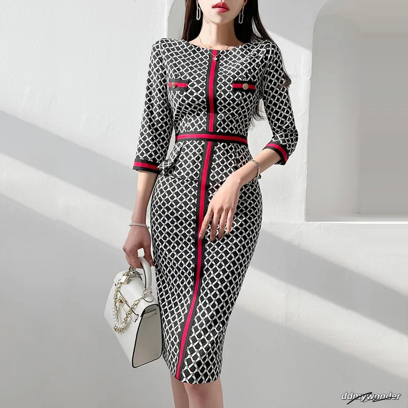 Style European And Korean Womens Clothing Socialite Printed Waist-Fitted Ruffle Edge Dress Summer Professional Wear 250723 ddmywonder ddmywonder