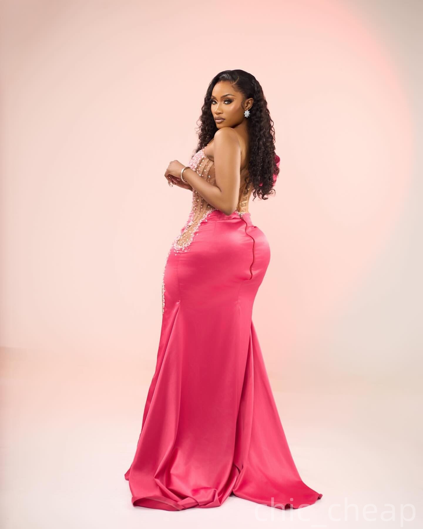 Mermaid Fuchsia Prom Dresses 2025 Illusion Beaded Satin High Split Evening Formal Party Second Birthday Engagement Gowns Plus Size Dress For Special O
