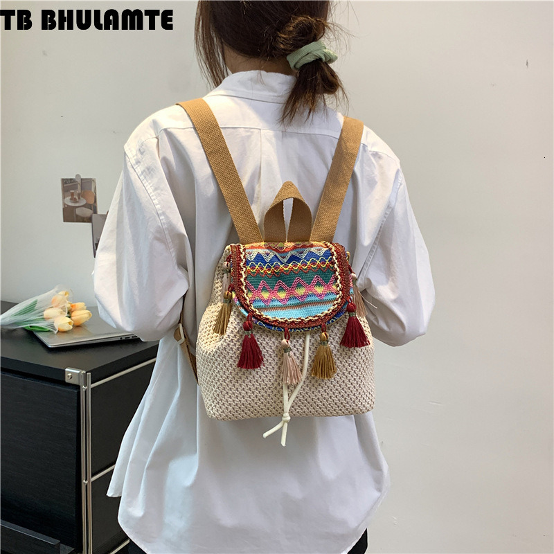 Free Shipping Designer Bag Ethnic Style Cross-border Backpack For Women 2025 New Wholesale Woven Vintage Bag Fashion Luxury Bag Color-block Casual Tra