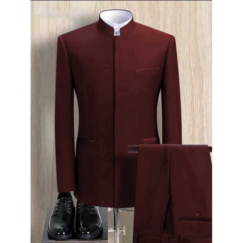 Fashion Solid Men Suits 2 Piece Stand Collar Long Sleeves Formal Outfits Chic Business Casual Wedding Tuxedo BlazerPants W250910