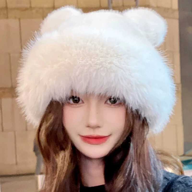 Retro Fuzzy Bear Ear Beanie Hat Pompom Ears Bucket Hats for Men and Women Winter Russian Thickened Warm Ear Protector Basin CXJ250910