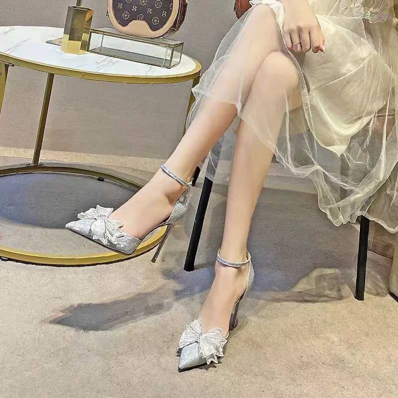 Elegant Silver High Heels Pumps Women Autumn Plus Size 42 Ankle Straps Party Shoes Woman Pointed Toe Bowtie Wedding Shoes W250910