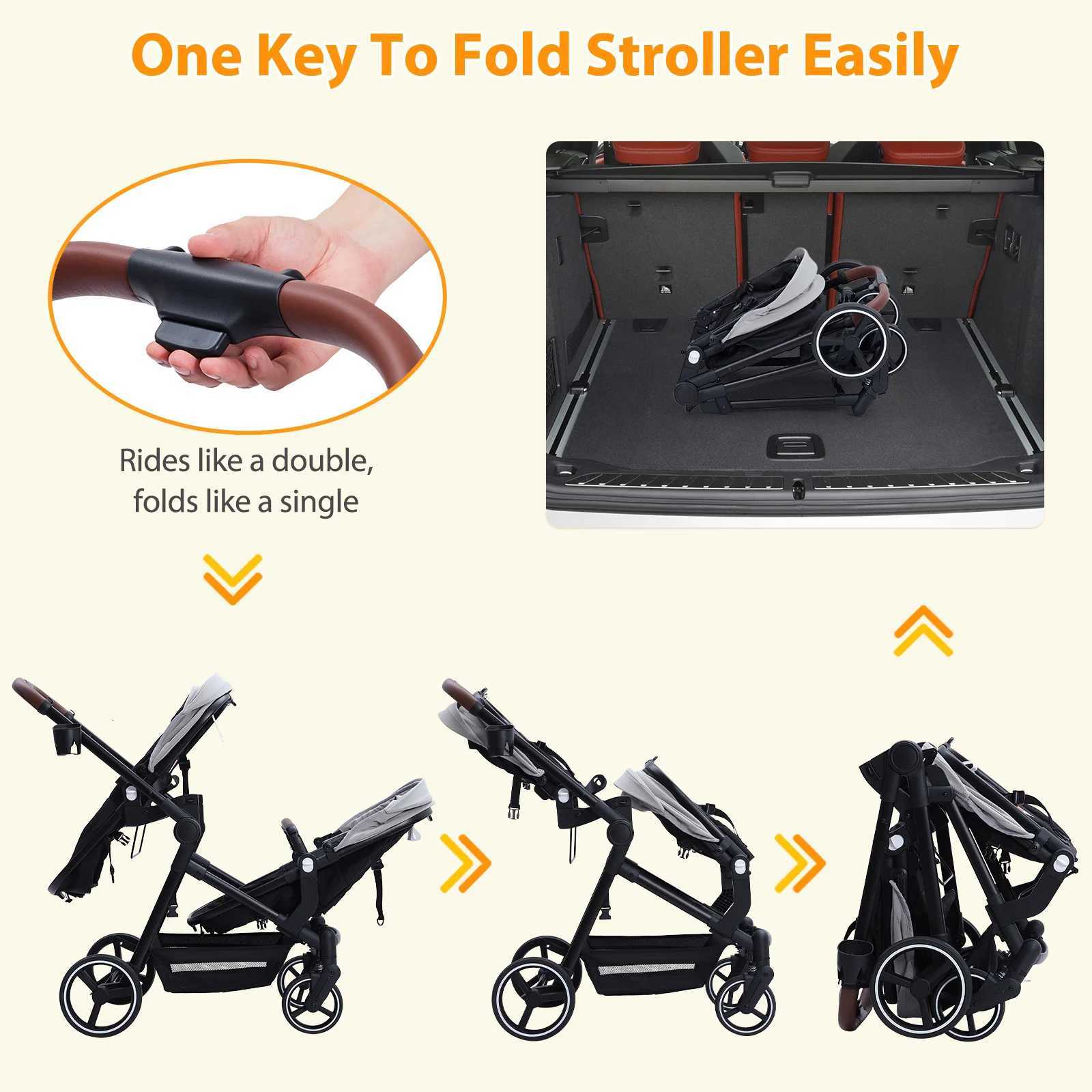 Double Stroller Track Tandem Stroller for Infant and Toddler Foldable Pushchair Bassinet Pram MultiPosition Reversible W250910