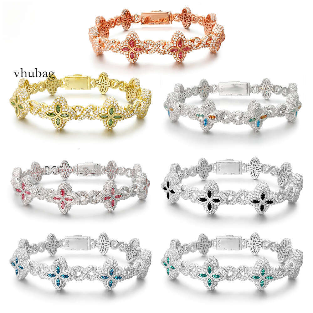 15mm New Marquise Flower Design Colorful Sliver Hip Hop Jewelry Iced Out Cuban Link Moissanite Bracelet