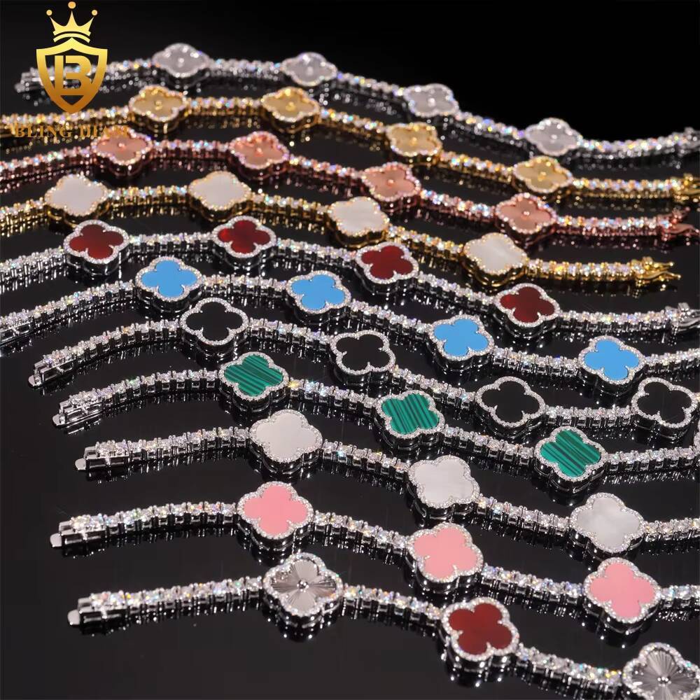Fashion Flower Clover Leaf Moissanite Tennis Chain Moissanite Bracelet 925 Silver 3mm Moissanite Bracelet Pass Diamond test