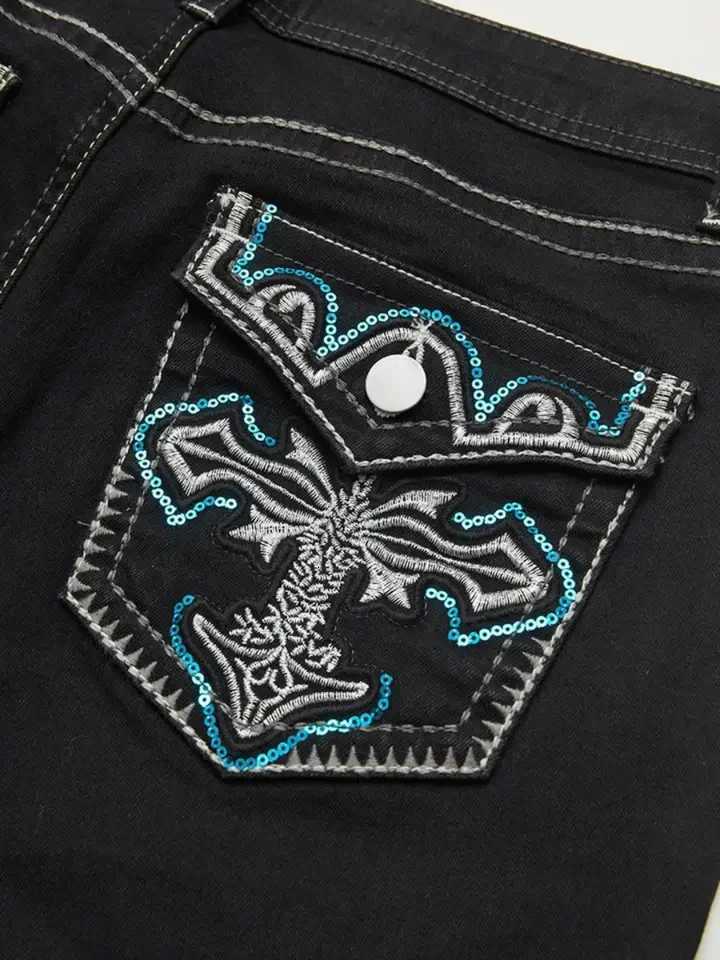 HMEWomenS HighWaist Bootcut Jeans with Geometric Embroidery BuiltIn Zipper Stretch Denim Slim Fit MultiButton Detail Z250910