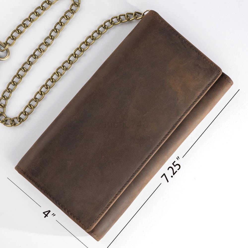 Mens Chain Wallet Biker Trucker Wallets with Long Strong Chains Genuine Leather Trifold Billfold Snap BrownZ250910
