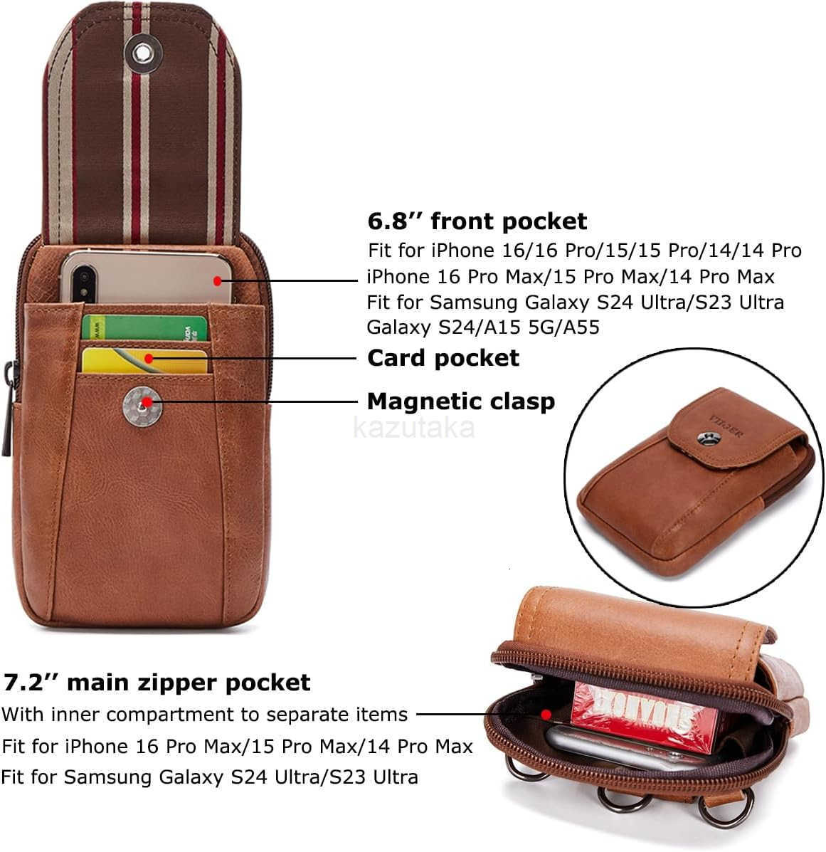 Genuine Leather Cell Phone Holster Magnetic Cover Belt Clip Pouch Compatible for iPhone 16 Pro Max Case 15 Pro Max S25 Ultra with Belt Loop Crossbody 