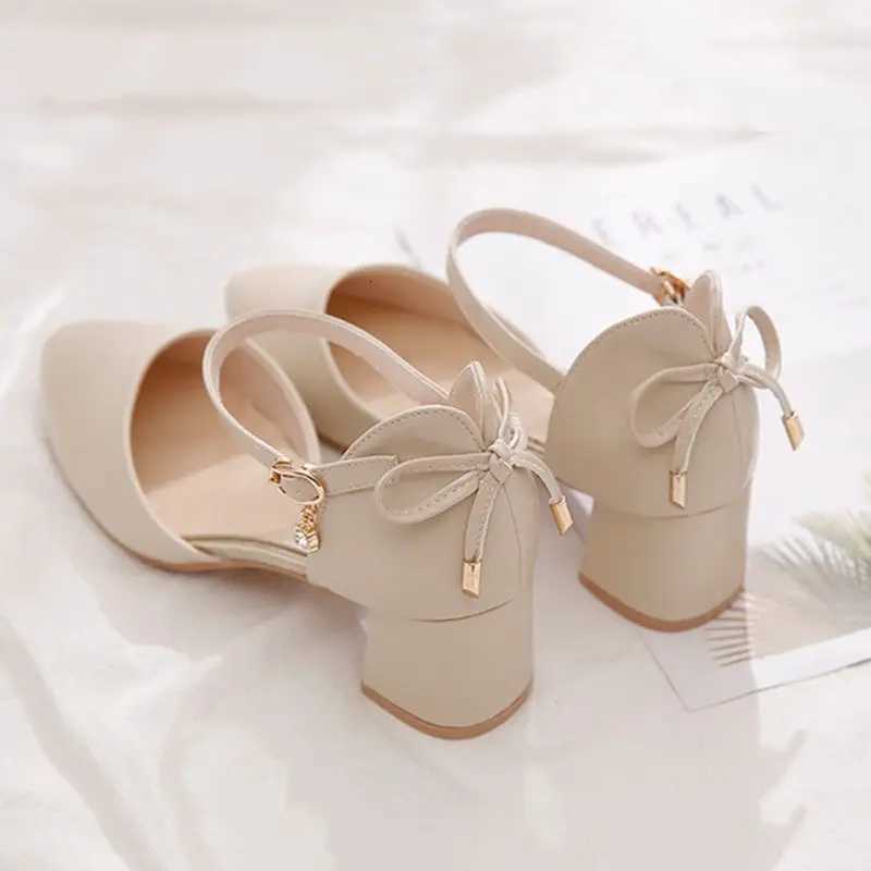 FHC Bowtie High Heels Women PumpsPointed toe Single Shoes WomanAnkle Strap SandalsBlock Heel Footware for Office LadyBeige W250910