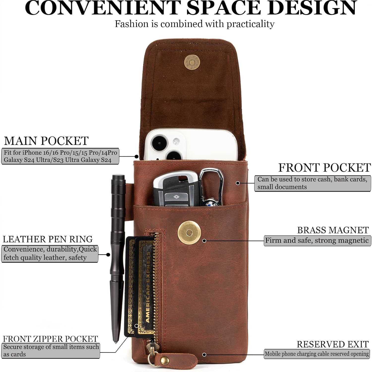 Leather Phone Holster Genuine FullGrain Buffalo Leather Cell Phone Holsters for iPhone 16 15 14 13pro S24 S23 S227 X 35 Coffee Z250910