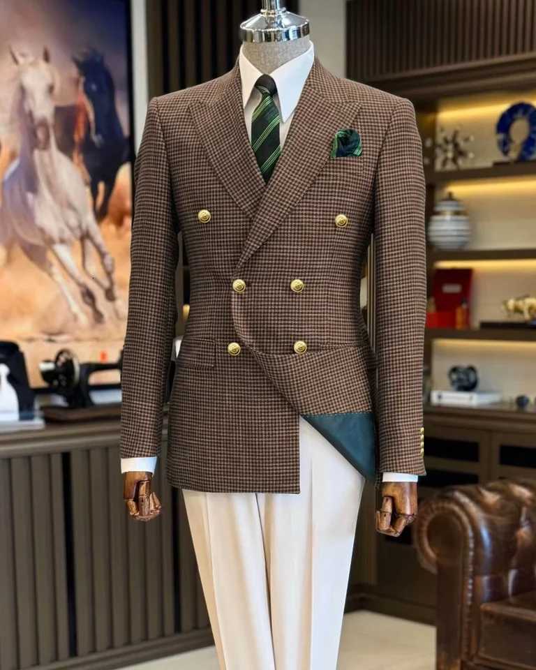 Mens Suit Houndstooth Customized Wide Lapel Double Breasted Slim Fit Jacket Business Groom Tuxedos Male Prom Fashion Blazer W250910