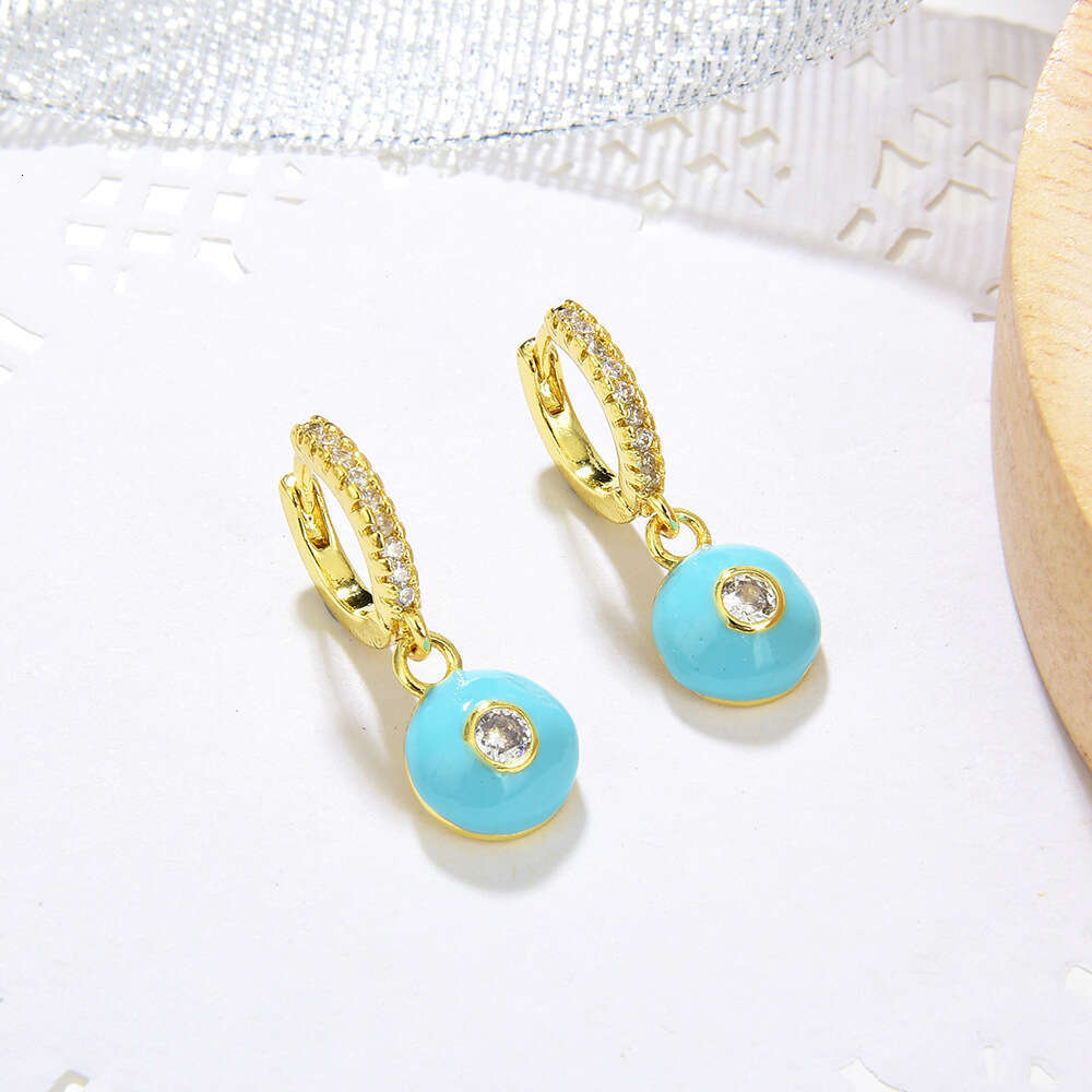 Ethnic Style Geometric Round Copper Micro Inlaid Zircon Gold for Women Fashion OL Oil Drop Earrings Single Sale