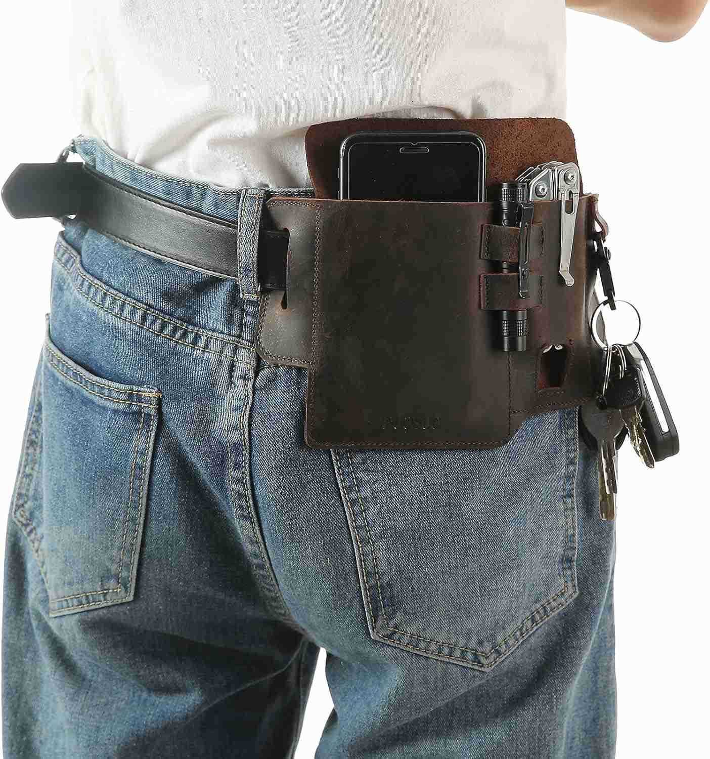 Outdoor Running Leather Cell Phone Holster for BeltMultitool Sheath with Key HolderExercise Waist Bag Compatible With Iphone 11 8 X 7 6 5s in Running 