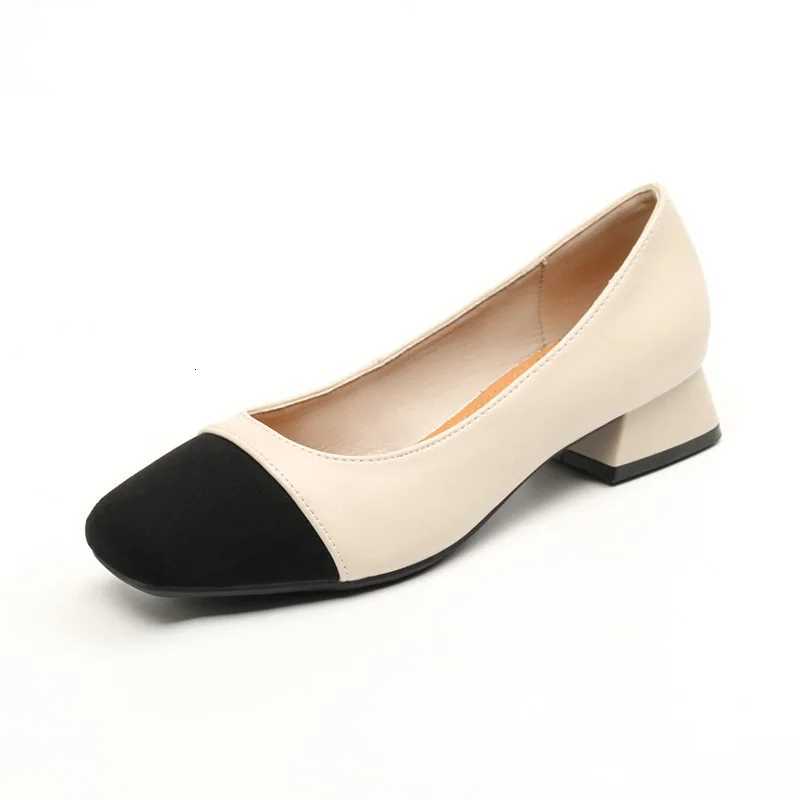 spring autumn genuine leather pumps women black white mixed color thick heel work shoes cowhide escarpin femmes big size 4143 W250910