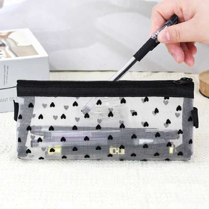 Clear Mesh Cosmetic Makeup Bags Case Makeup Brush Holder Cute Transparent Zipper Black Heart Printed Pencil Pen Case PouchXJ250910