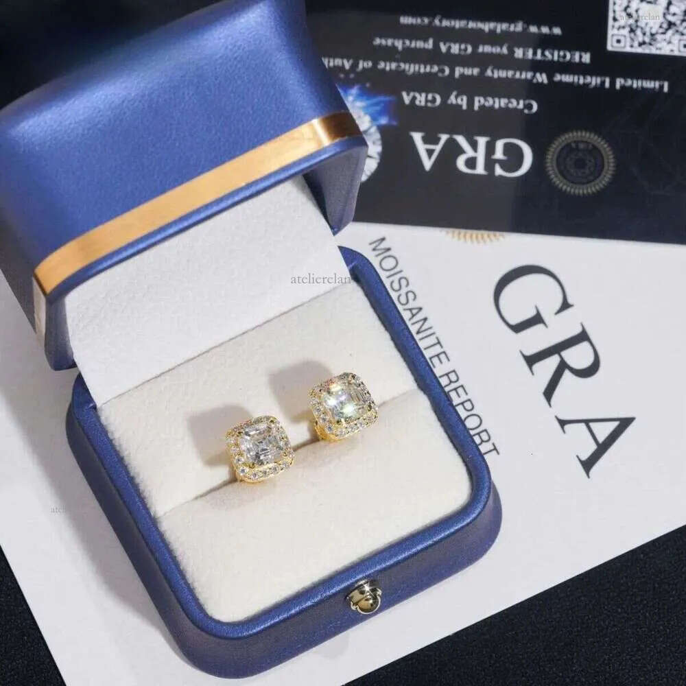 Tester Certified RTS Hip Hop Jewelry Sier Asscher Cut VVS Dia Moissanite Stud Earrings