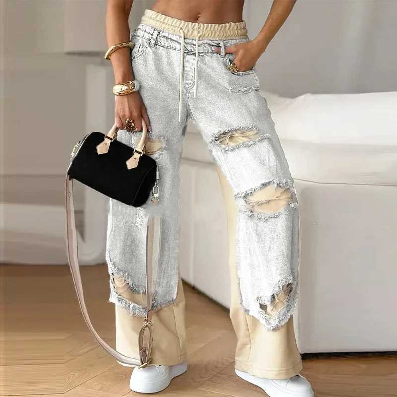 Casual Patchwork Jeans Women Loose Drawstring Low Waist Pockets Zipper Straight Leg Pants 2025 Spring Summer Street Lady Trouser Z250910