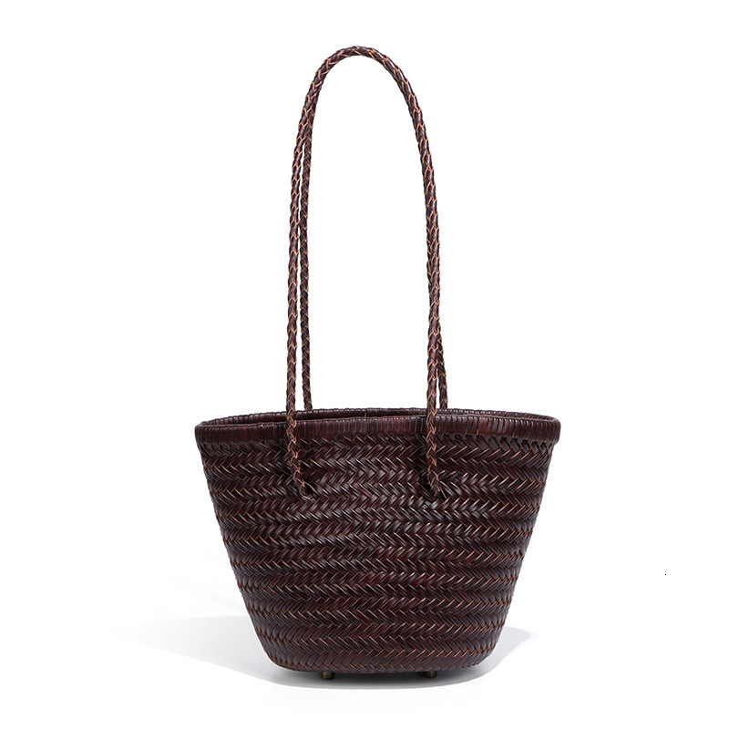 Genuine Leather for Women, High-End First Layer Cowhide Basket Bucket Premium Handwoven Mother-Daughter Bag, Shoulder Bag