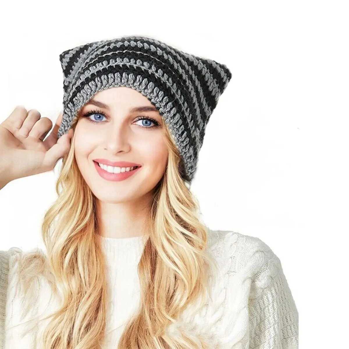 Crochet Hats for Women Men Cat Ear Bonnet Girl Knitted Lazy Style Punk Y2k Cute Slouchy Beanies Loose Fit Handmade Skullies BoysXJ250910