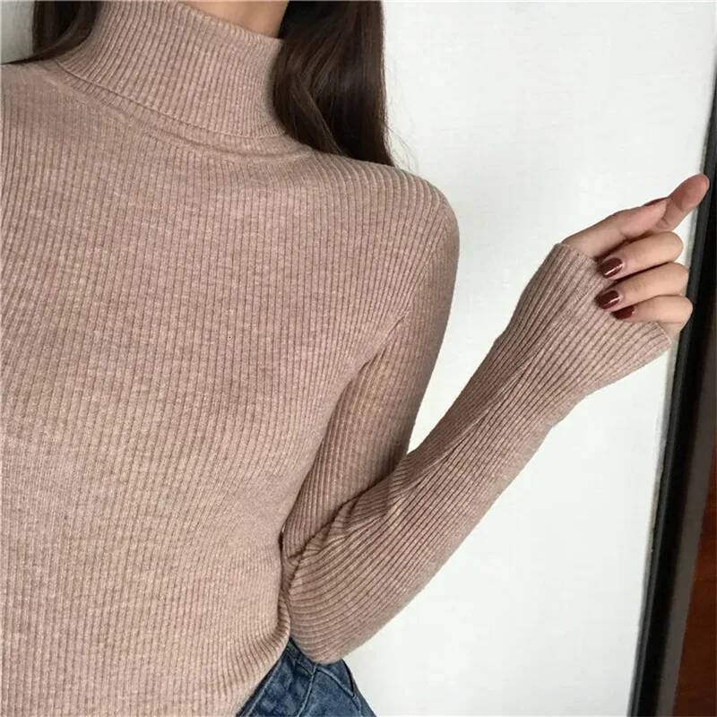 Autumn Winter Thick Women Knitted Ribbed Pullover Sweater Long Sleeve Turtleneck Slim Jumper Soft Warm Pull Femme dongdumaoyi