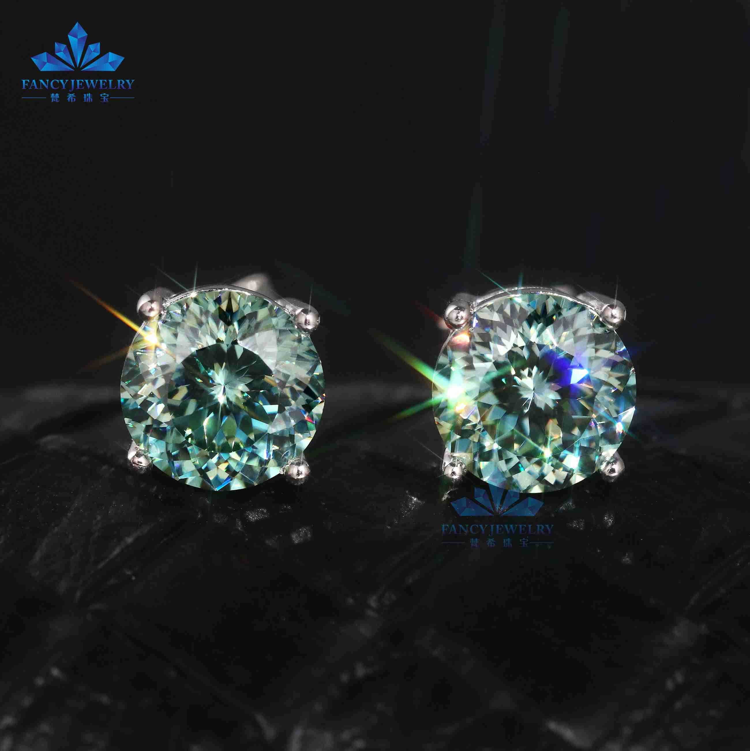 High Quality 925 Sterling Silver Gold Plated 8MM Portuguese Cut Bluegreen Moissanite Stud Earring for Gift Party