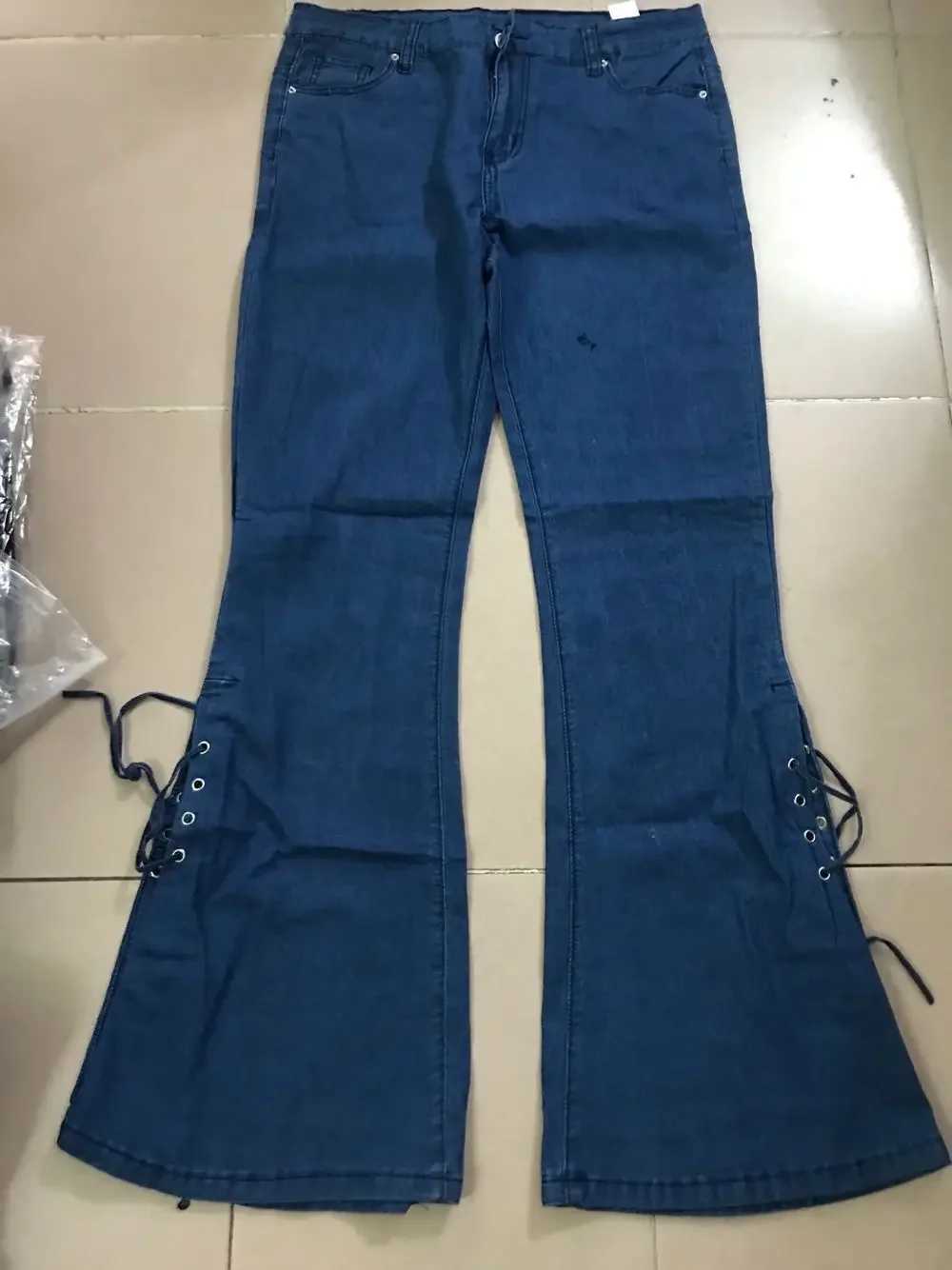 Full Length Flare Pants Women Jean Washed Denim Pants Zipper Fly Loose Fit Pockets High Waist Basics Lace Up Vintage Solid Z250910