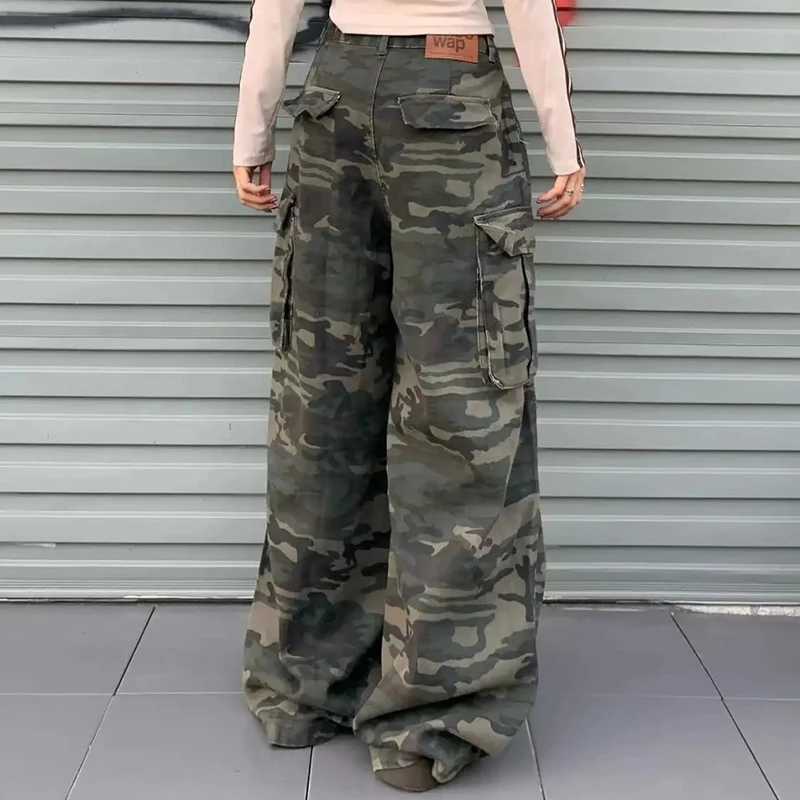 Women Y2K Camouflage Cargo Jeans Vintage High Waist Hip Hop Wide Leg Pants Female Street Wear Baggy Straight Denim Trouser Z250910