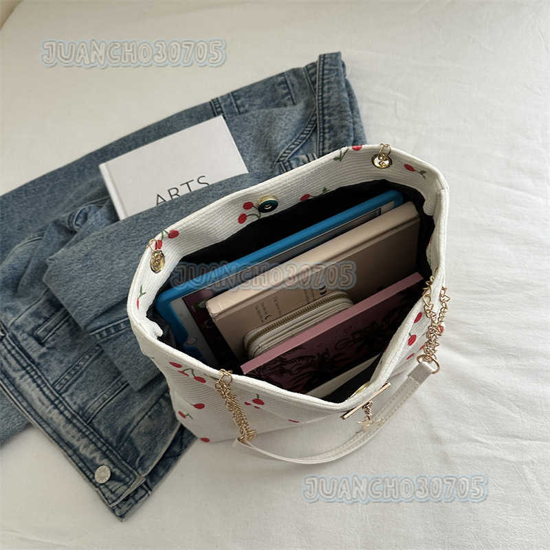 Trend Corduroy Underarm Bag for Women 2025 New Summer Cherry Print Artistic Tote Bag H250910