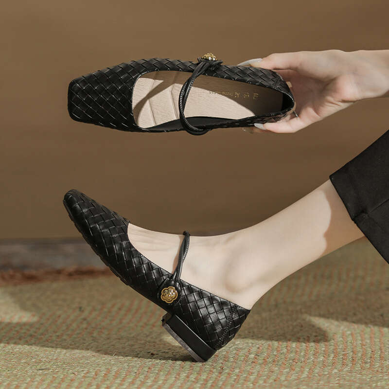 Lanjia- H263-6 Internet Celebrity Breathable Square Toe Mary Jane Women's Shallow Mouth Plaid Pattern Low Chunky Heel Single Shoes Women Autumn W