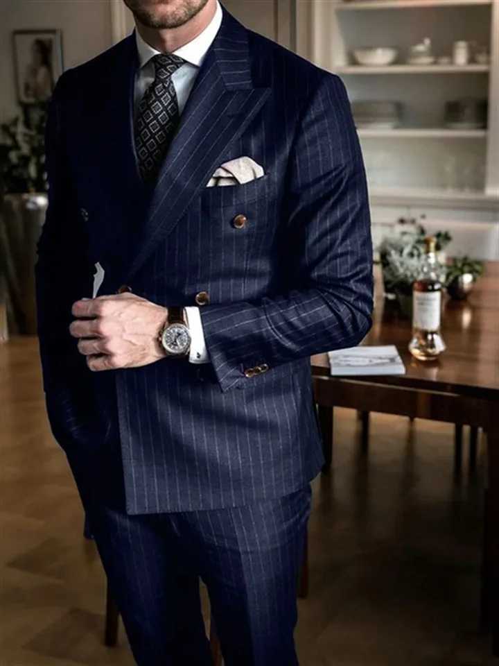 2 Piece Chic Pinstripe Navy Blue Men Suits Set High Quality Formal Double Breasted Peak Lapel Suit Slim Fit Smart Casual Tuxedo W250910