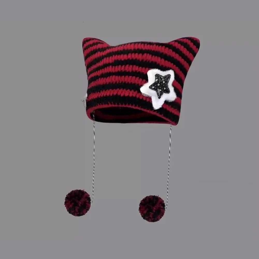 Winter Striped Knitted Wool C Star Decor Hanging Ball Slouchy C Crochet Knitting Beanie Hat Cat Ears Pointed Pulr HatsXJ250910