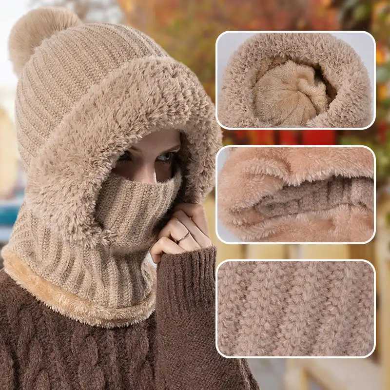 Winter Fleece Lined Knitted Hat with Ear Fls Windproof and Warm Hooded Neck Gaiter for Outdoor SportXJ250910