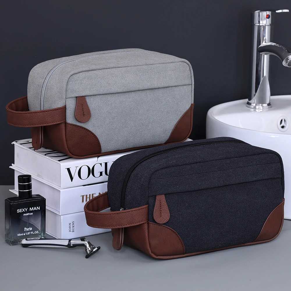 Large Capacity Leather Canvas Men Wash Shaving Women Toiletry Storage Waterproof Makeup Travel Organizer Retro Cosmetic BagXJ250910