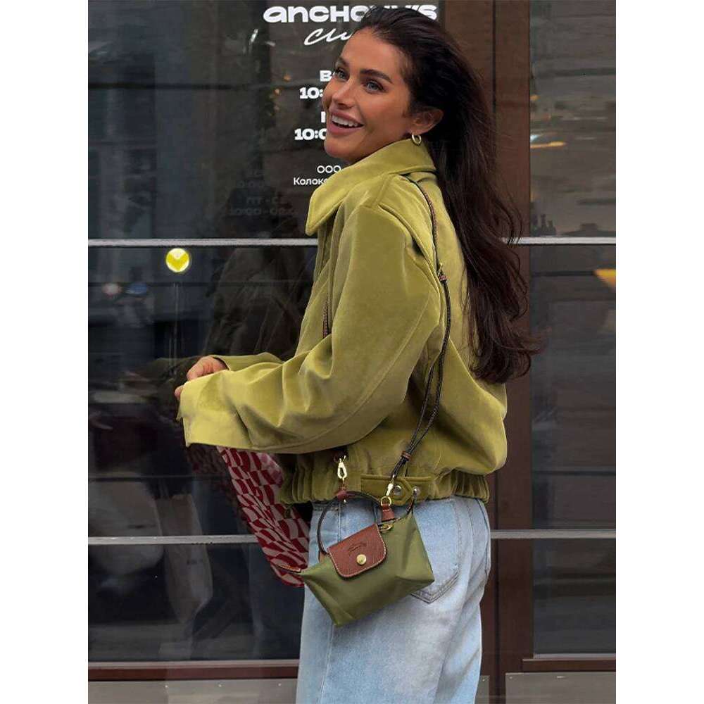 Designer Clothing 2025 Vintage Suede Cropped Jacket Women's Spring Fall Olive Green Casual Daily Zipper Coat 2025 New Outerwears Chic Streetwear