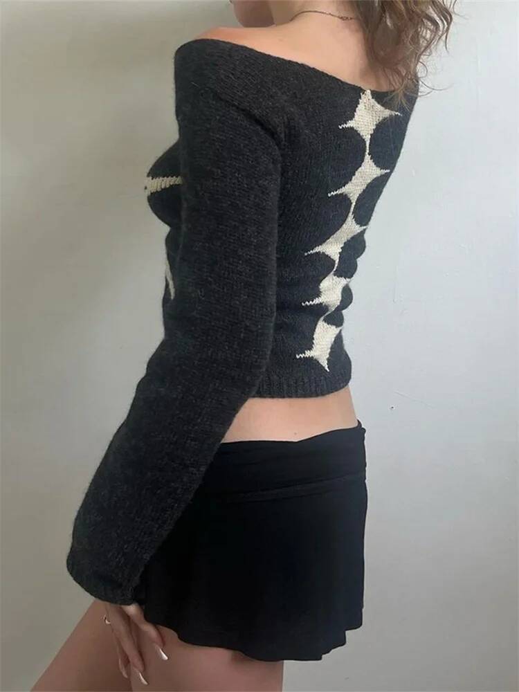 Women's Knit Tops Off Shoulder Slim Sweater Graphic Print Long Sleeve Knitwear Spring Fall Y2K Aesthetic Streetwear dongdumaoyi